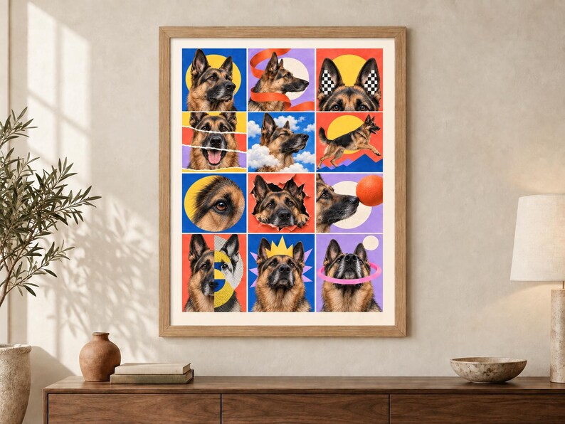 May include: A framed wall art print featuring a grid of twelve distinct illustrations of German Shepherd dogs. Each square displays the dog in various poses, expressions, and colorful graphic backgrounds, including suns, clouds, and geometric shapes.