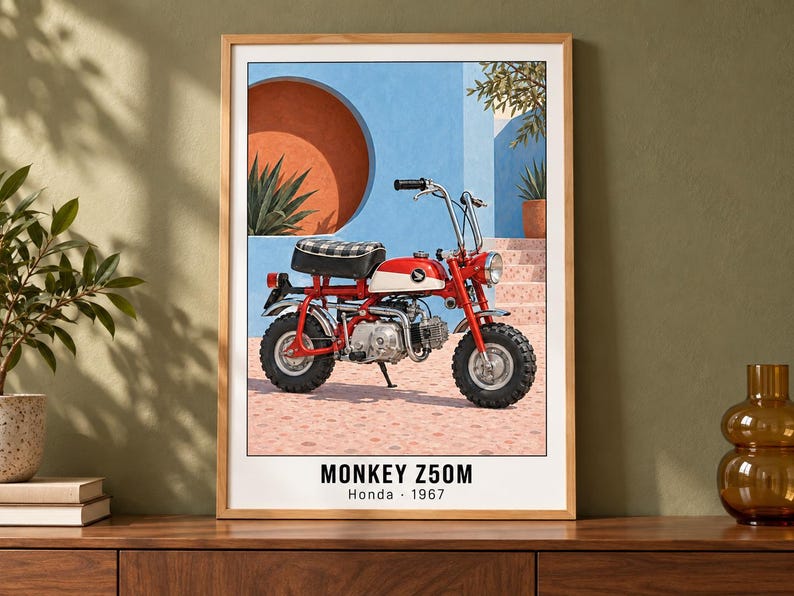 Honda Monkey Z50M motorcykelkonsttryck, retroaffisch, två digitala A2-versioner bild 1