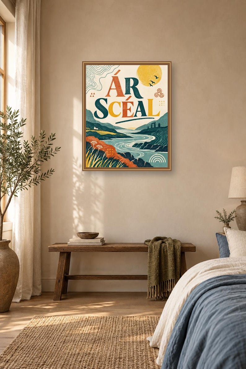 May include: A rectangular framed wall art print featuring a landscape illustration with a river, rolling hills, and a yellow sun. The text &Aacute;R SC&Eacute;AL is printed in large, bold letters at the top. The color palette includes shades of blue, orange, and yellow.
