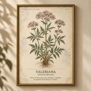 K&ouml;nnte beinhalten: Ein gerahmter botanischer Druck, der eine Valeriana officinalis Pflanze mit rosa Bl&uuml;ten, gr&uuml;nen Bl&auml;ttern und sichtbaren Wurzeln zeigt. Der cremefarbene Hintergrund enth&auml;lt den Text "HERBARIO PLANTAS MEDICINALES", "08 / 40", "VALERIANA", "Valeriana officinalis" sowie beschreibenden Text.