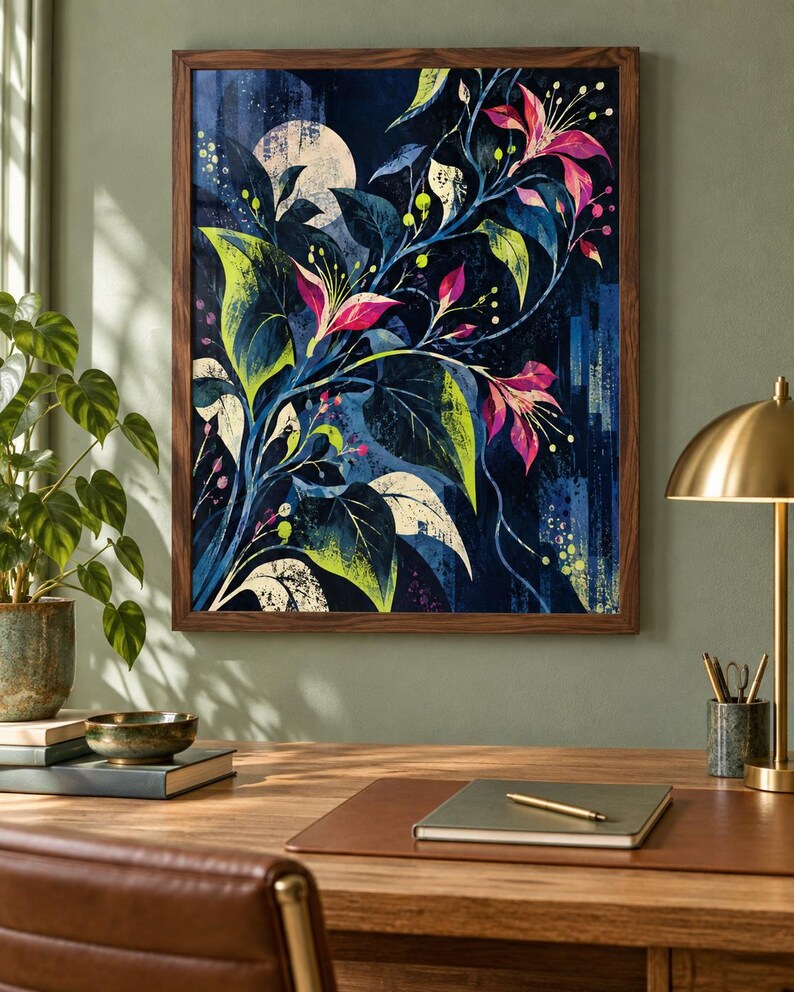 May include: A framed wall art print featuring a dark blue nocturnal scene with a large pale moon, vibrant pink flowers, and deep green foliage. The artwork displays a stylised botanical composition with sweeping branches and textured paint strokes.