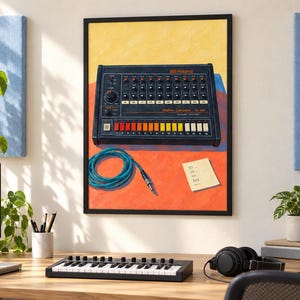 Op de afbeelding: Een ingelijste wandkunstprint met een donkergrijze Roland Rhythm Composer TR-808 drumcomputer, een opgerolde blauwgroene audiokabel en een klein geel memoblaadje met handgeschreven tekst tegen een levendige geel en oranje achtergrond.