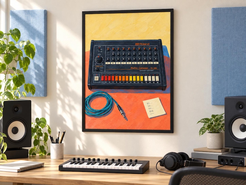 Op de afbeelding: Een ingelijste wandkunstprint met een donkergrijze Roland Rhythm Composer TR-808 drumcomputer, een opgerolde blauwgroene audiokabel en een klein geel memoblaadje met handgeschreven tekst tegen een levendige geel en oranje achtergrond.