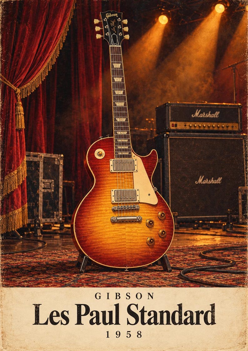 May include: A Gibson Les Paul Standard 1958 electric guitar with a sunburst finish, featuring a cream-coloured pickguard, two humbucker pickups, four control knobs, and a rosewood fretboard with trapezoid inlays, displayed on a stand.