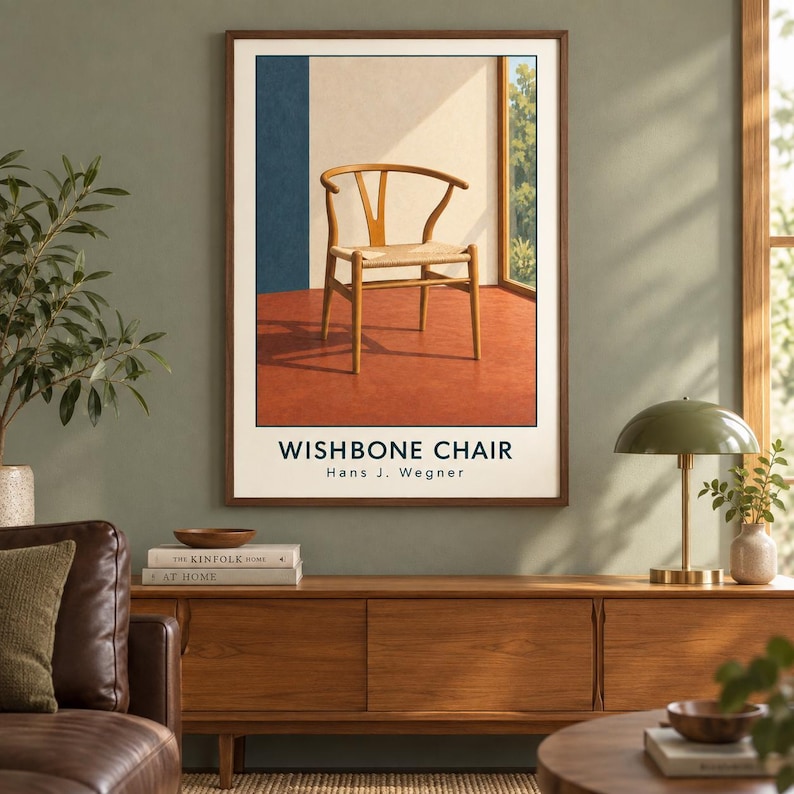 May include: A framed wall art print featuring a light wood Wishbone chair with a woven seat, set against a backdrop of a blue wall, a beige wall, and a window view. The text WISHBONE CHAIR Hans J. Wegner is printed in black at the bottom.