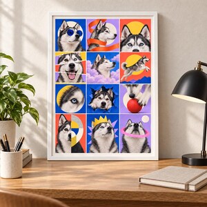 Puede incluir: Una l&aacute;mina art&iacute;stica enmarcada que presenta una cuadr&iacute;cula de doce ilustraciones distintas de un Husky siberiano. El perro aparece en varias posturas, incluyendo con gafas de sol azules, una corona amarilla y un anillo rosa sobre fondos coloridos.