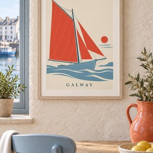Utskrivbar konst i Galway County, kustdesign med röd segelbåt, digital nedladdning för irländskt bruk bild 1