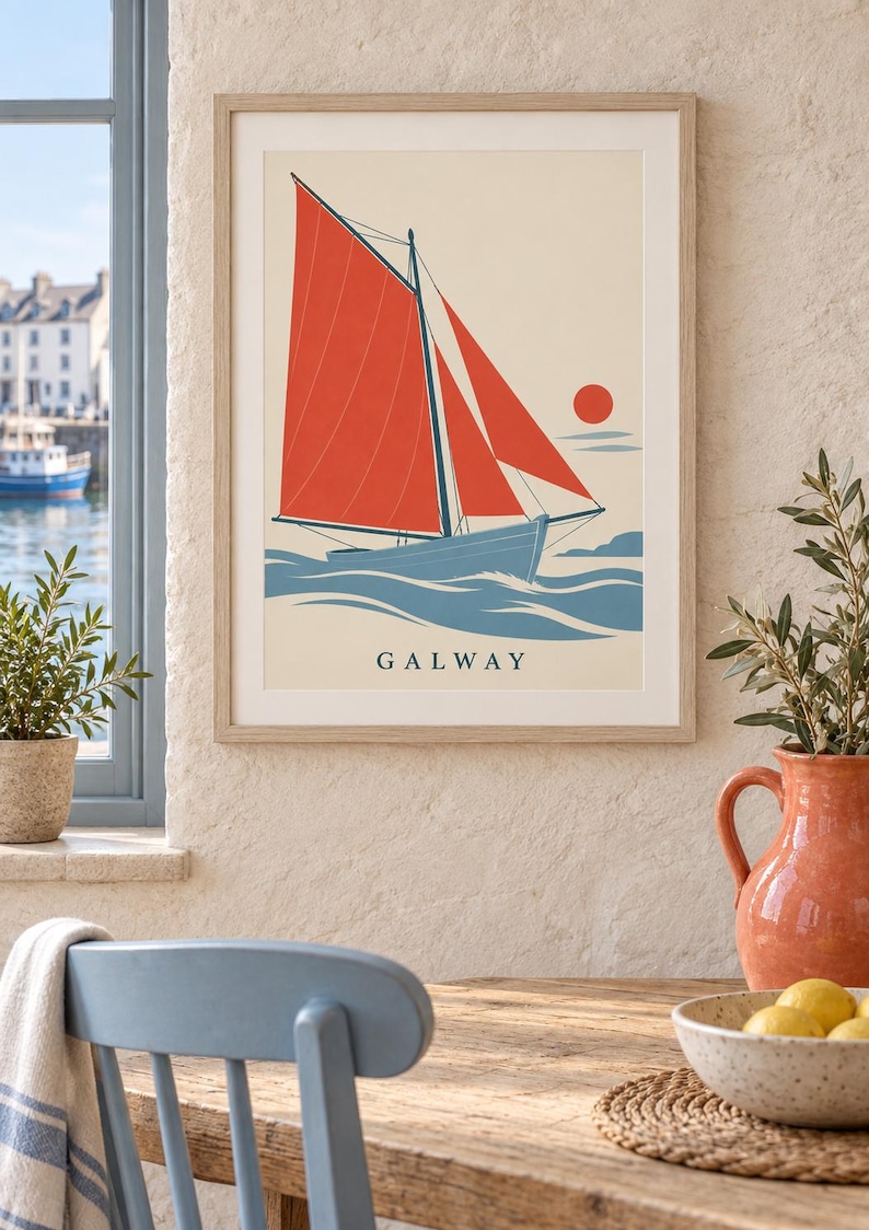 Utskrivbar konst i Galway County, kustdesign med röd segelbåt, digital nedladdning för irländskt bruk bild 1