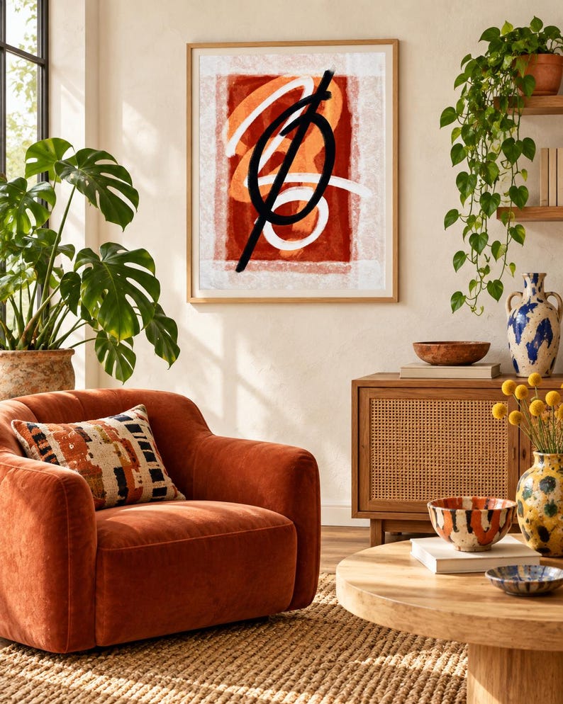 May include: A framed abstract wall art print featuring a bold black linear stroke over layered white and burnt orange shapes. The artwork is displayed in a light wood frame, showcasing a composition of contrasting colors and fluid, gestural lines.