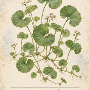 Może przedstawiać: Botaniczna ilustracja Centella asiatica na teksturowanym kremowym tle. Roślina posiada zielone, zaokrąglone, faliste liście na cienkich łodygach z małymi skupiskami jasnor&oacute;żowych kwiat&oacute;w. Tekst: HERBARIO PLANTAS MEDICINALES 35/40.
