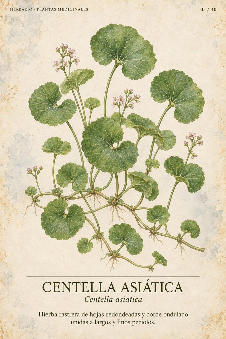 Może przedstawiać: Botaniczna ilustracja Centella asiatica na teksturowanym kremowym tle. Roślina posiada zielone, zaokrąglone, faliste liście na cienkich łodygach z małymi skupiskami jasnor&oacute;żowych kwiat&oacute;w. Tekst: HERBARIO PLANTAS MEDICINALES 35/40.