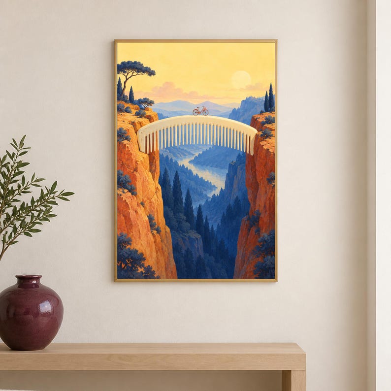 May include: A surreal art print depicting a large, cream-colored hair comb spanning a deep canyon as a bridge. A small bicycle sits on the comb. The landscape features orange cliffs, dark blue pine trees, a winding river, and a soft yellow sky.