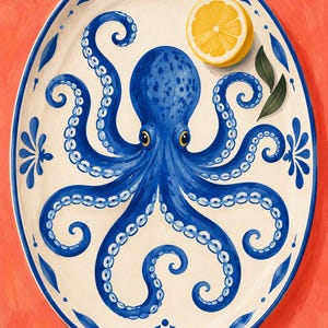 May include: An oval ceramic platter featuring a central illustration of a blue octopus with detailed suckers. The platter has a cream-coloured base with a blue decorative border and a single yellow lemon slice with two green leaves near the top.
