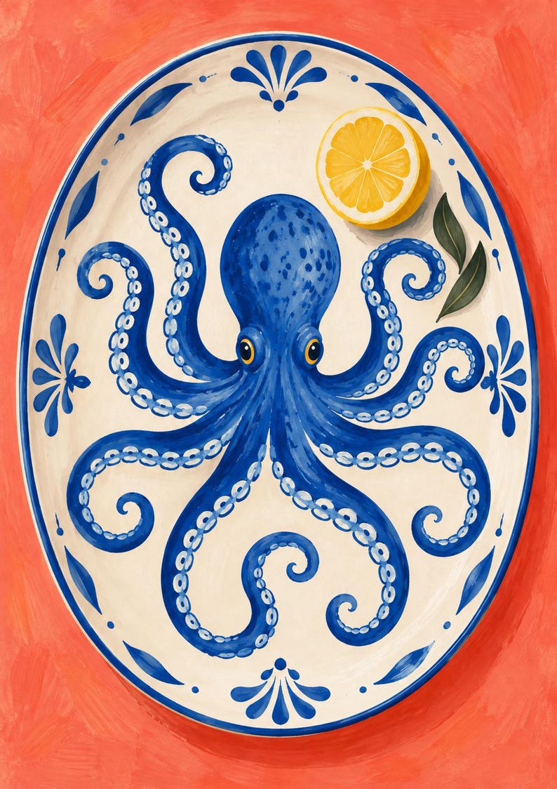 May include: An oval ceramic platter featuring a central illustration of a blue octopus with detailed suckers. The platter has a cream-coloured base with a blue decorative border and a single yellow lemon slice with two green leaves near the top.
