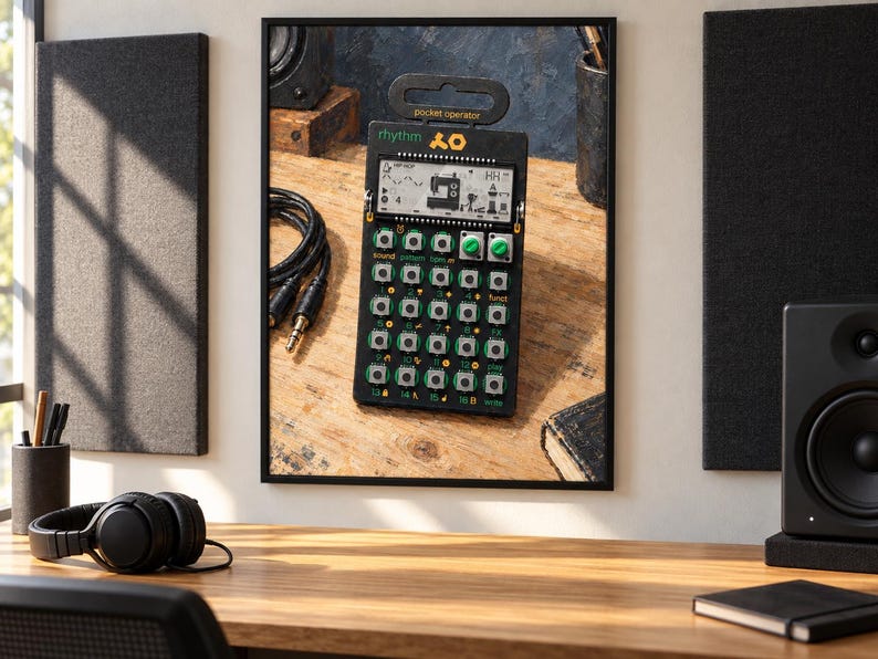 May include: A black Teenage Engineering PO-12 rhythm pocket operator drum machine featuring a monochrome LCD screen, sixteen numbered buttons, two green rotary knobs, and the text rhythm and pocket operator printed on the front panel.