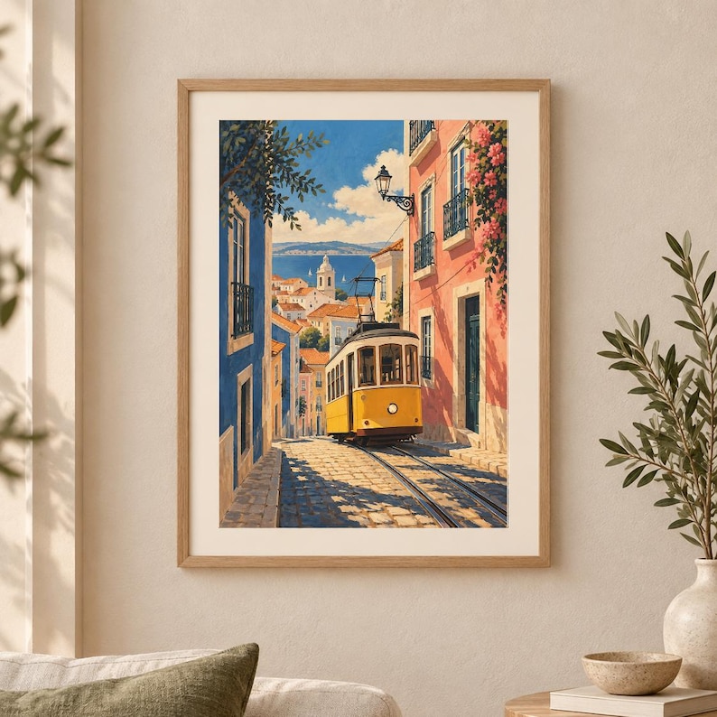 K&ouml;nnte beinhalten: Ein gerahmter Kunstdruck, der eine gelbe Stra&szlig;enbahn zeigt, die eine gepflasterte Stra&szlig;e zwischen blauen und rosafarbenen Geb&auml;uden entlangf&auml;hrt. Die Szene zeigt einen klaren blauen Himmel, entfernte wei&szlig;e Geb&auml;ude und Wasser im Hintergrund.