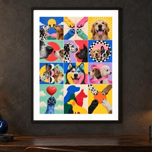Puede incluir: Una impresi&oacute;n de arte mural enmarcada que presenta una cuadr&iacute;cula de doce paneles coloridos con varias razas de perros, patas caninas y siluetas en tonos vibrantes de azul, amarillo, rojo y rosa, mostrando diversos retratos de perros.