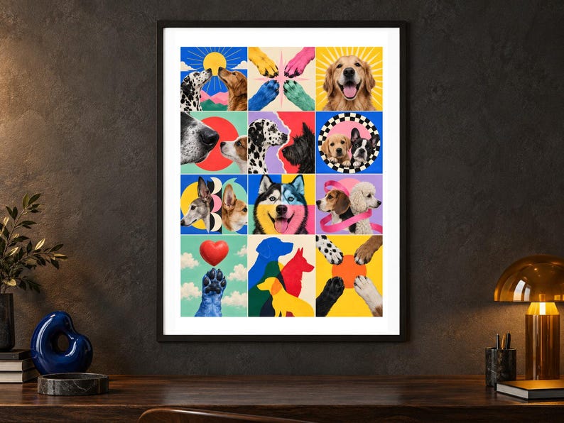 Puede incluir: Una impresi&oacute;n de arte mural enmarcada que presenta una cuadr&iacute;cula de doce paneles coloridos con varias razas de perros, patas caninas y siluetas en tonos vibrantes de azul, amarillo, rojo y rosa, mostrando diversos retratos de perros.