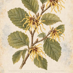K&ouml;nnte beinhalten: Ein botanischer Druck mit dem Titel HERBARIUM MEDICINAL PLANTS 36/40, der eine detaillierte Illustration einer Zaubernuss zeigt. Das Bild zeigt gr&uuml;ne, gezackte Bl&auml;tter und gelbe, bandartige Bl&uuml;ten an braunen Stielen vor einem beigen Hintergrund.