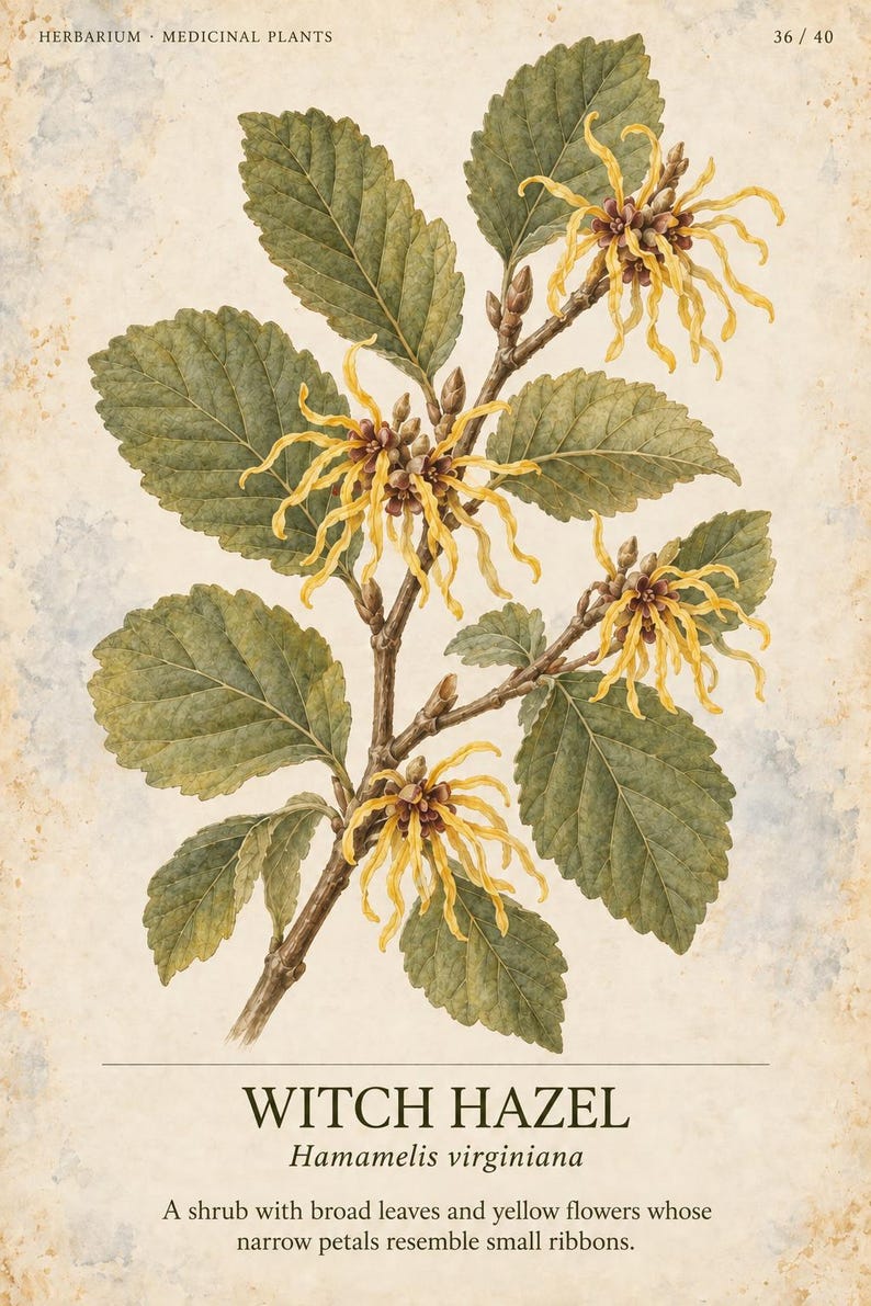 K&ouml;nnte beinhalten: Ein botanischer Druck mit dem Titel HERBARIUM MEDICINAL PLANTS 36/40, der eine detaillierte Illustration einer Zaubernuss zeigt. Das Bild zeigt gr&uuml;ne, gezackte Bl&auml;tter und gelbe, bandartige Bl&uuml;ten an braunen Stielen vor einem beigen Hintergrund.