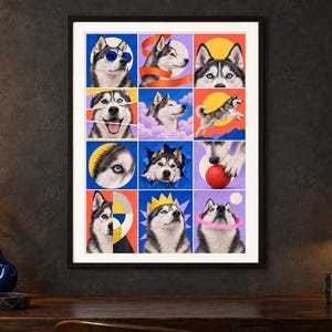 Puede incluir: Una l&aacute;mina de arte mural enmarcada con una cuadr&iacute;cula de doce cuadrados de colores, cada uno con una ilustraci&oacute;n diferente de un perro Husky siberiano. La obra muestra al perro en varias poses, incluyendo con gafas de sol y una corona.