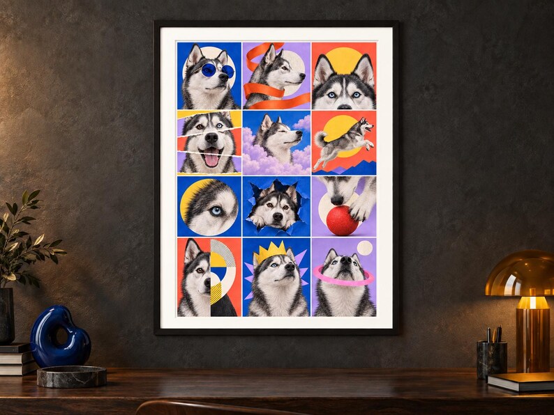Puede incluir: Una l&aacute;mina de arte mural enmarcada con una cuadr&iacute;cula de doce cuadrados de colores, cada uno con una ilustraci&oacute;n diferente de un perro Husky siberiano. La obra muestra al perro en varias poses, incluyendo con gafas de sol y una corona.