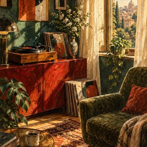 May include: A room interior featuring a red cabinet with a record player, a green velvet armchair with a red pillow, a round coffee table with a mug, and a window view of a city. The walls are dark green with framed abstract art and a vase of flowers.