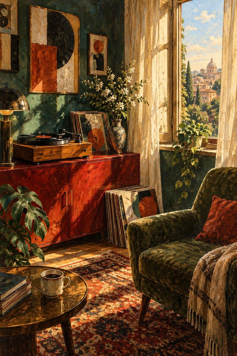 May include: A room interior featuring a red cabinet with a record player, a green velvet armchair with a red pillow, a round coffee table with a mug, and a window view of a city. The walls are dark green with framed abstract art and a vase of flowers.