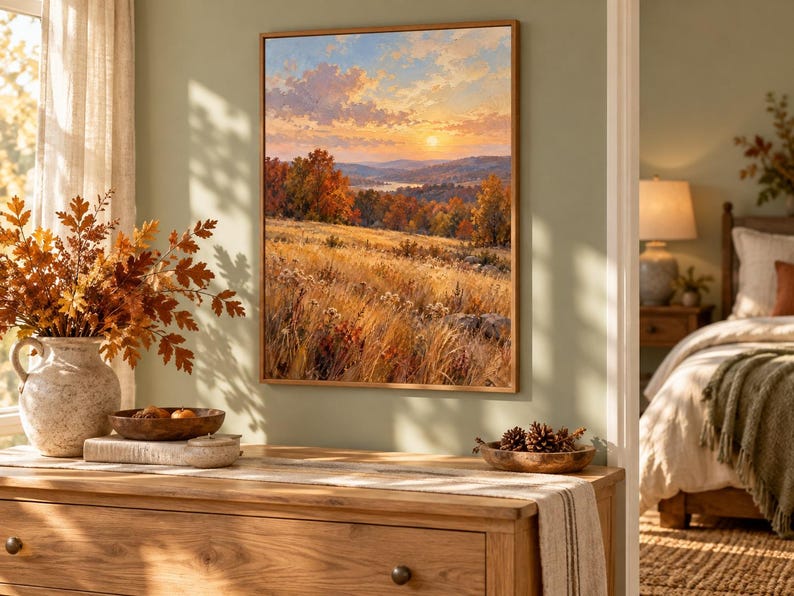 May include: A rectangular wall art print featuring a landscape painting of a golden autumn field at sunset. The scene depicts tall grasses, colorful fall foliage on distant hills, and a soft, glowing sun in a cloudy sky, all framed in a light wood border.