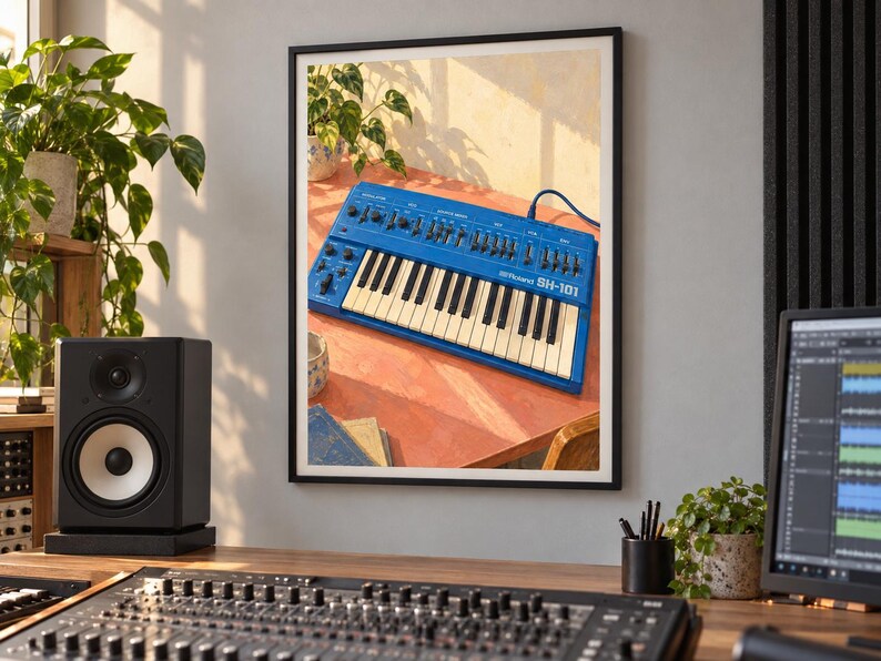 May include: A framed wall print featuring a blue Roland SH-101 synthesizer with white keys and black knobs. The synthesizer is positioned on a reddish-orange surface with a plant in the background, captured in warm, natural sunlight.