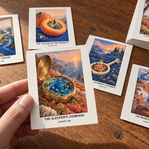 Pu&ograve; includere: Una collezione di carte artistiche rettangolari con illustrazioni surreali. Una carta tenuta in primo piano mostra una bussola in ottone con un paesaggio in miniatura, intitolata The Sleeper's Compass di Lyzard Jay, insieme ad altre carte.
