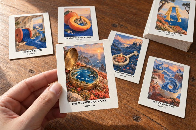 Pu&ograve; includere: Una collezione di carte artistiche rettangolari con illustrazioni surreali. Una carta tenuta in primo piano mostra una bussola in ottone con un paesaggio in miniatura, intitolata The Sleeper's Compass di Lyzard Jay, insieme ad altre carte.