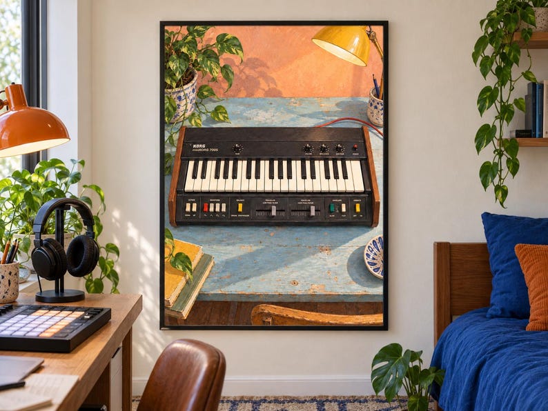 May include: A framed wall art print featuring a Korg MS-20 synthesizer on a weathered blue table. The synthesizer has a black control panel, white and black keys, and wood-grain side panels. The print is displayed in a room with a desk, plants, and a bed.