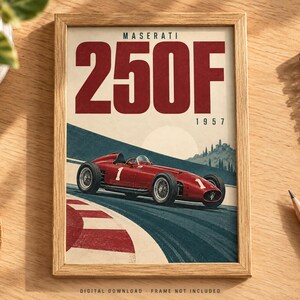 May include: A framed poster featuring a red Maserati 250F race car with the number 1 on the side, driving on a track. The text reads MASERATI 250F 1957. The artwork displays a vintage aesthetic with a red, white, and blue color palette.