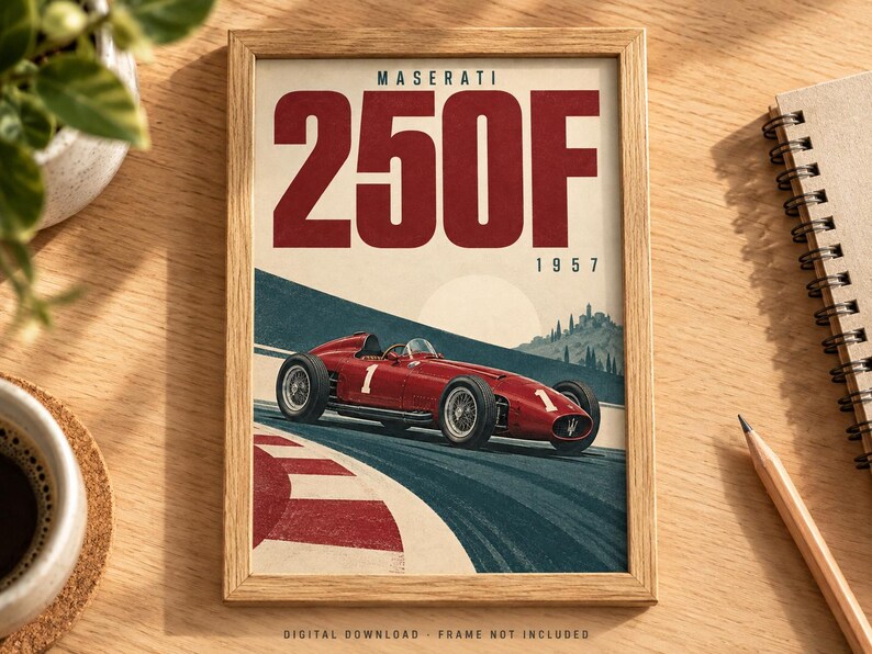 May include: A framed poster featuring a red Maserati 250F race car with the number 1 on the side, driving on a track. The text reads MASERATI 250F 1957. The artwork displays a vintage aesthetic with a red, white, and blue color palette.