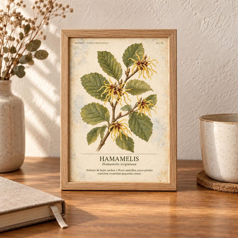 K&ouml;nnte beinhalten: Ein rechteckiger Holzrahmen mit einem botanischen Druck einer Hamamelis-Pflanze mit gr&uuml;nen Bl&auml;ttern und gelben, bandartigen Bl&uuml;ten. Der Druck enth&auml;lt den Text "HERBARIO - PLANTAS MEDICINALES", "HAMAMELIS", "Hamamelis virginiana" sowie eine Beschreibung.