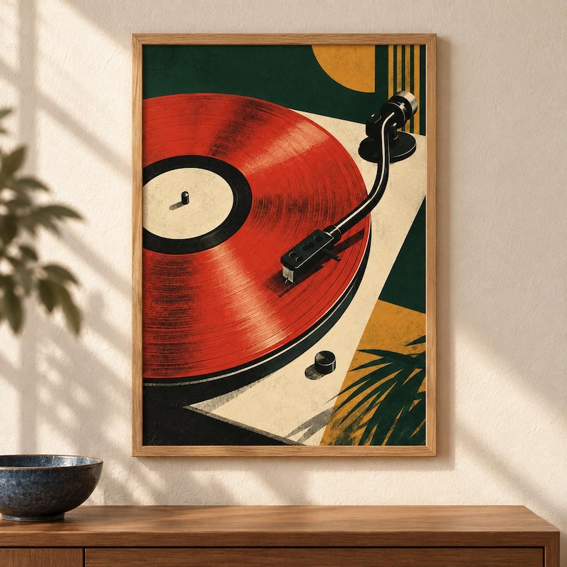 May include: A framed wall art print featuring a stylized illustration of a record player with a vibrant red vinyl record. The composition includes geometric shapes in dark green and yellow, with a black tonearm resting on the record surface.