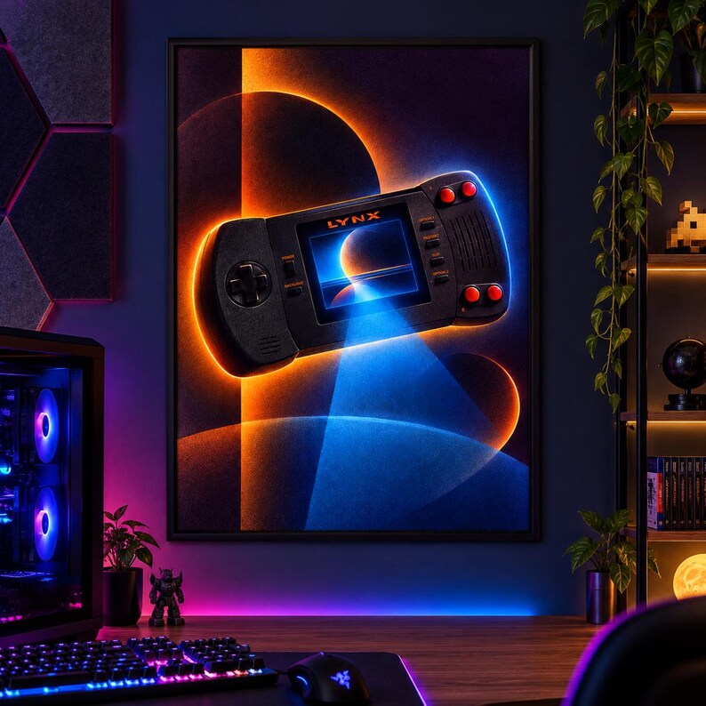 Pu&ograve; includere: Una stampa artistica da parete incorniciata che raffigura una console di gioco portatile nera con la parola LYNX stampata sopra lo schermo. La console &egrave; centrata su uno sfondo scuro con effetti di luce circolari e fasci arancioni e blu.