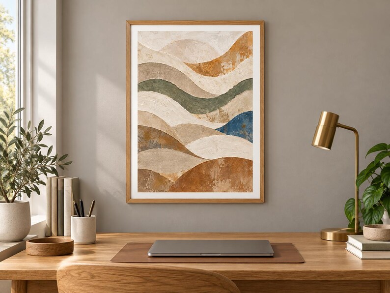 Pu&ograve; includere: Una stampa artistica incorniciata che presenta una serie di onde orizzontali stratificate e ondulate in tonalit&agrave; terracotta, beige, verde salvia e un accento blu intenso, il tutto in una semplice cornice in legno chiaro su una parete neutra.