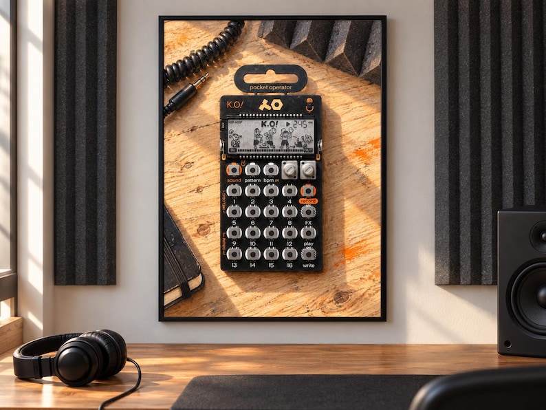 Op de afbeelding: Een zwarte Teenage Engineering PO-33 K.O! pocket operator synthesizer met een monochroom LCD-scherm dat de tekst K.O! weergeeft, een raster van zestien ronde knoppen, twee zilveren draaiknoppen en oranje accenten op een houten ondergrond.