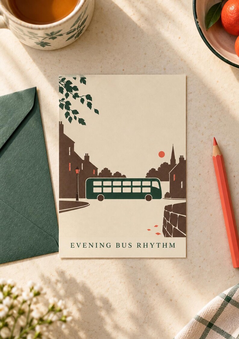 May include: A rectangular postcard featuring a graphic illustration of a dark green double-decker bus driving through a town at dusk. The scene includes brown silhouettes of buildings, a street lamp, a small red sun, and the text EVENING BUS RHYTHM.