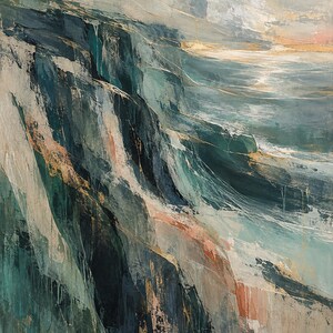 May include: An abstract painting depicting a rugged coastal cliffside meeting the ocean. The artwork features deep teal, navy blue, and slate gray tones, accented with streaks of metallic gold, soft peach, and white paint, creating a textured landscape.