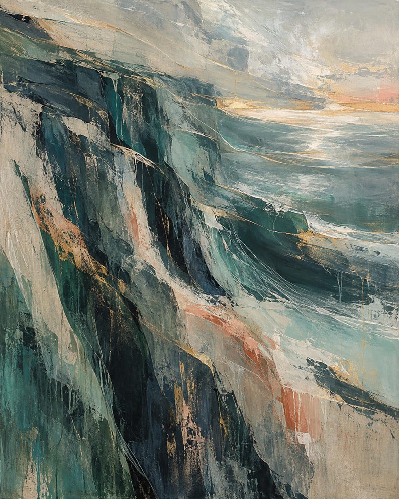 May include: An abstract painting depicting a rugged coastal cliffside meeting the ocean. The artwork features deep teal, navy blue, and slate gray tones, accented with streaks of metallic gold, soft peach, and white paint, creating a textured landscape.