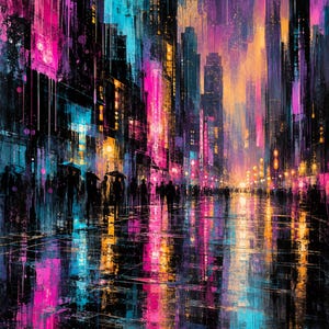 May include: An abstract painting of a city street at night featuring tall buildings and silhouettes of people walking under umbrellas. The scene is rendered in vibrant shades of neon pink, electric blue, and deep orange, with reflections on the wet ground.
