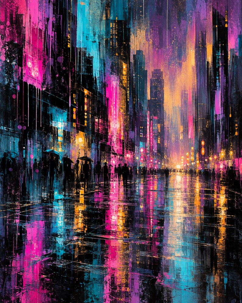 May include: An abstract painting of a city street at night featuring tall buildings and silhouettes of people walking under umbrellas. The scene is rendered in vibrant shades of neon pink, electric blue, and deep orange, with reflections on the wet ground.