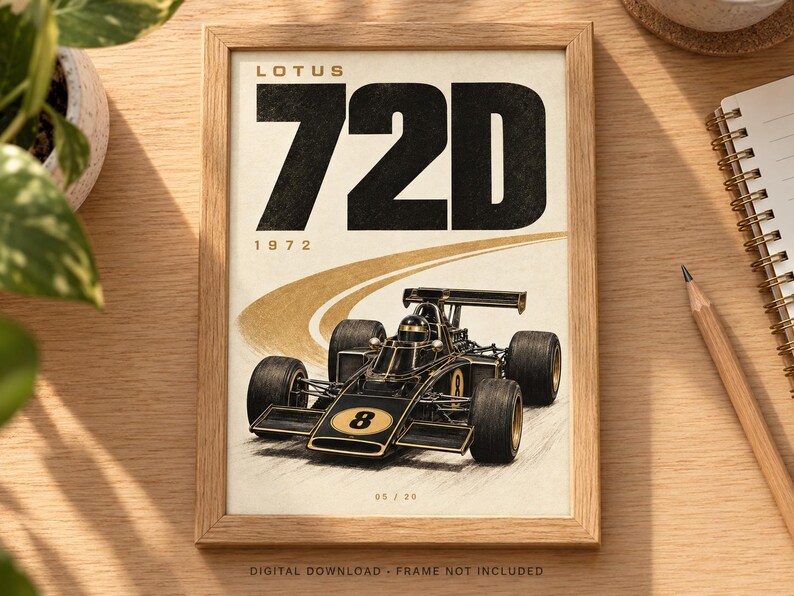 May include: A framed poster featuring a black and gold Lotus 72D Formula One race car with the number 8 on the nose. The text reads LOTUS 72D 1972 at the top and 05 / 20 at the bottom. The car is depicted on a stylized track against a cream background.