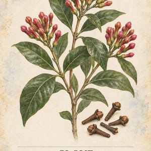 Puede incluir: Una ilustraci&oacute;n bot&aacute;nica de una planta de clavo, Syzygium aromaticum, con hojas verdes y racimos de capullos de color rosa rojizo. Varios clavos de olor secos aparecen en la parte inferior. Texto: HERBARIUM MEDICINAL PLANTS 39 / 40 CLOVE.