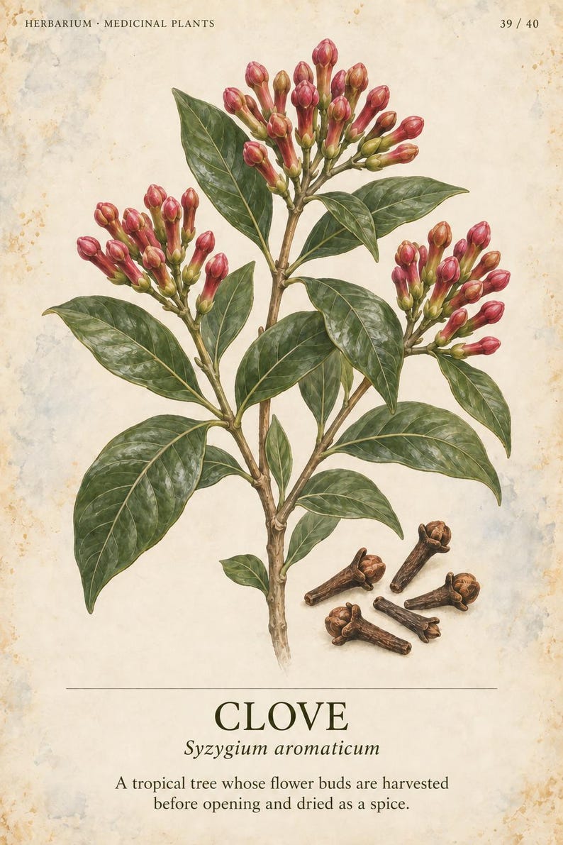 Puede incluir: Una ilustraci&oacute;n bot&aacute;nica de una planta de clavo, Syzygium aromaticum, con hojas verdes y racimos de capullos de color rosa rojizo. Varios clavos de olor secos aparecen en la parte inferior. Texto: HERBARIUM MEDICINAL PLANTS 39 / 40 CLOVE.