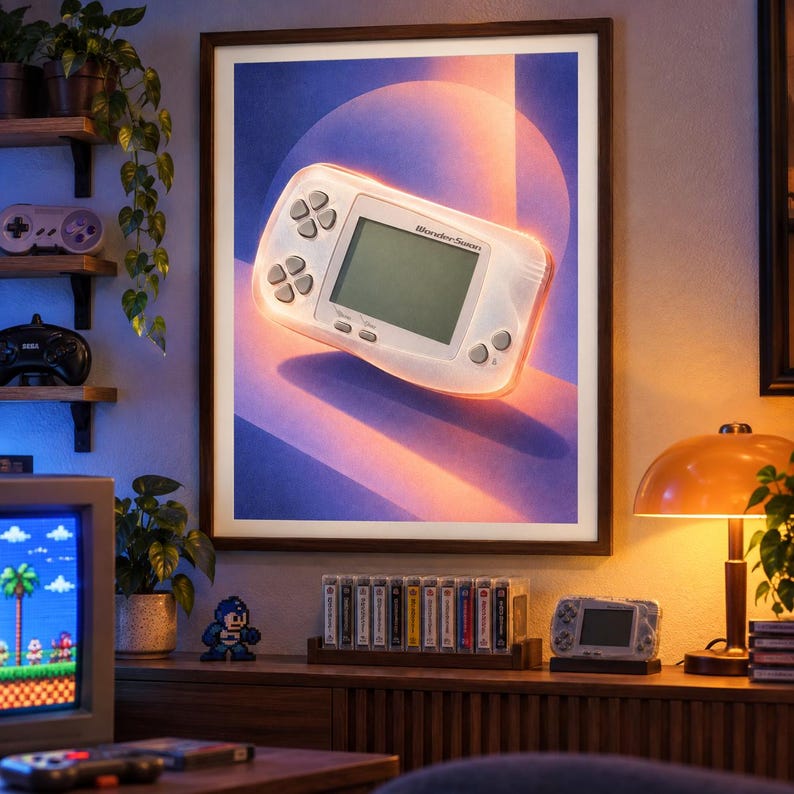 Pu&ograve; includere: Una stampa artistica da parete incorniciata che raffigura una console di gioco portatile WonderSwan bianca centrata su uno sfondo sfumato viola e arancione con un elemento grafico circolare. La console ha uno schermo, un pad direzionale e pulsanti.