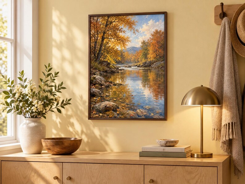 K&ouml;nnte beinhalten: Ein rechteckiger gerahmter Kunstdruck, der eine ruhige Herbstlandschaft mit einem flie&szlig;enden Fluss, felsigen Ufern und leuchtend orangefarbenen und gelben B&auml;umen unter einem blauen Himmel zeigt, montiert an einer hellgelben Wand &uuml;ber einem Schrank.